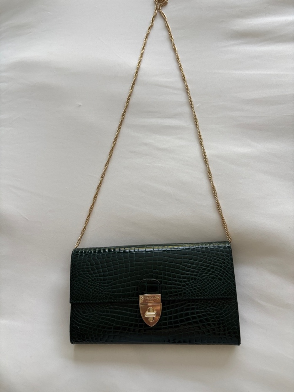 Aspinal of London Dark Green Croc-Embossed Chain clutch Bag